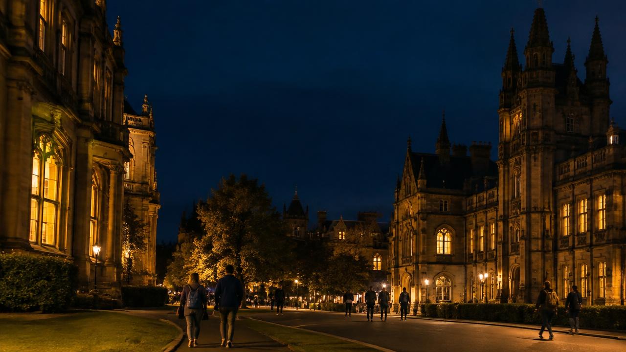 University campus at night